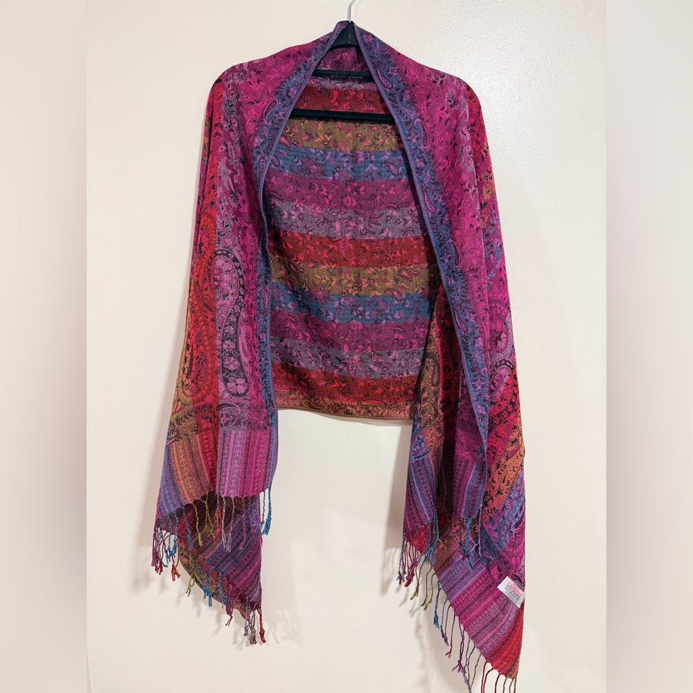 NWT 100% Cashmere Pashmina Rainbow Floral Paisley Fringe Boho Jerusalem Scarf